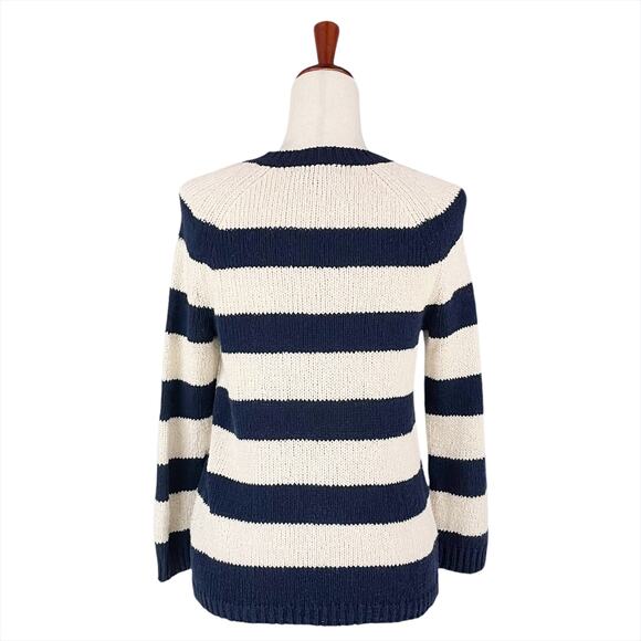 J. CREW Mixed Stripe Navy & Ivory Cotton-Linen Blend Sweater Size S - Picture 3 of 8